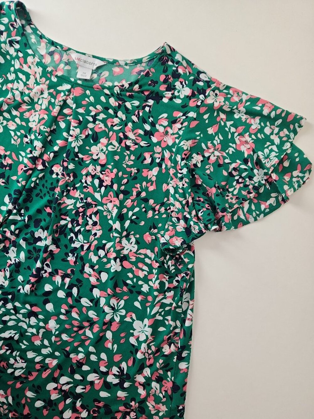 Liz Claiborne Floral Flutter Sleeve Stretch slinky blouse top 1X green pink - Picture 4 of 10